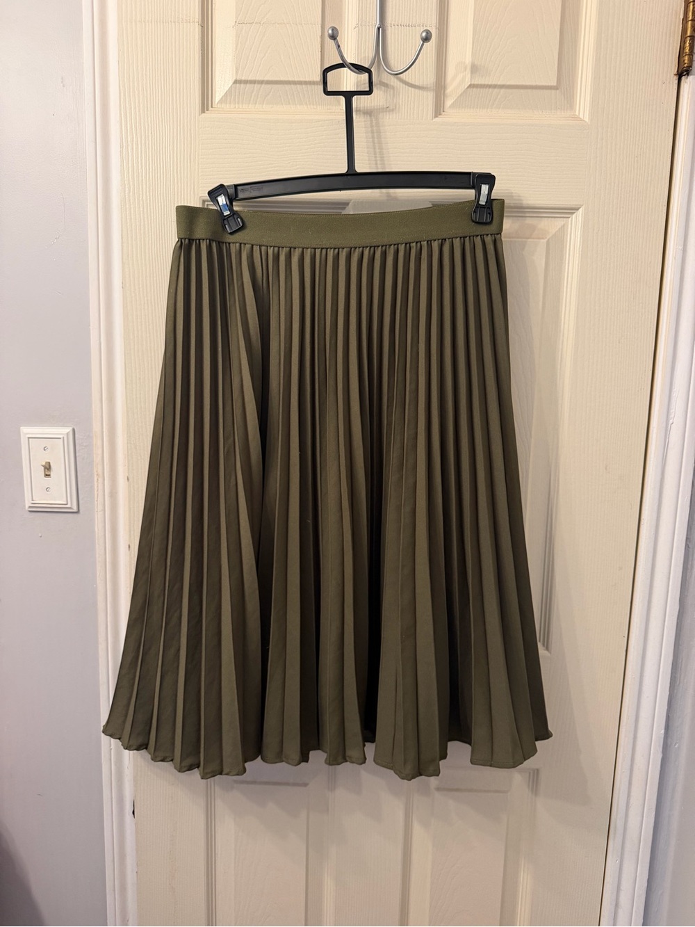 Olive Green Pleated A-Line Midi Skirt